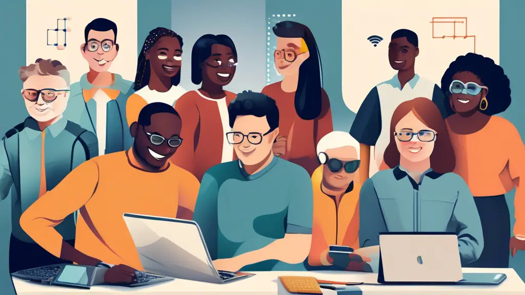 Create an image of a diverse group of people, including individuals with disabilities, using financial software on various devices such as laptops, tablets