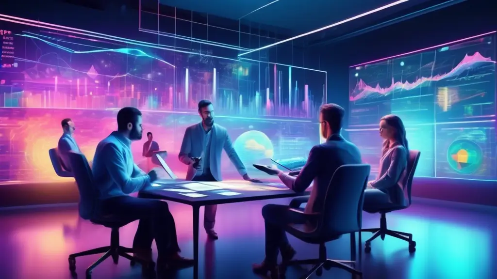 A futuristic office environment with multiple holographic financial charts and graphs floating in the air, a diverse team of professionals analyzing the da