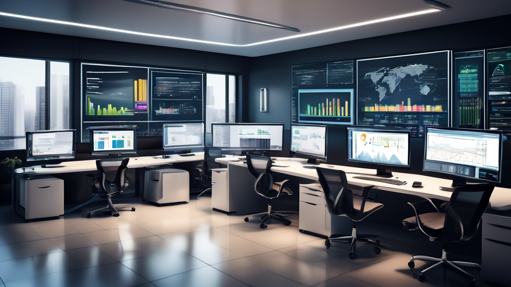 Create a detailed, high-resolution image of a modern office workspace, showcasing multiple computer screens displaying various financial software applicati