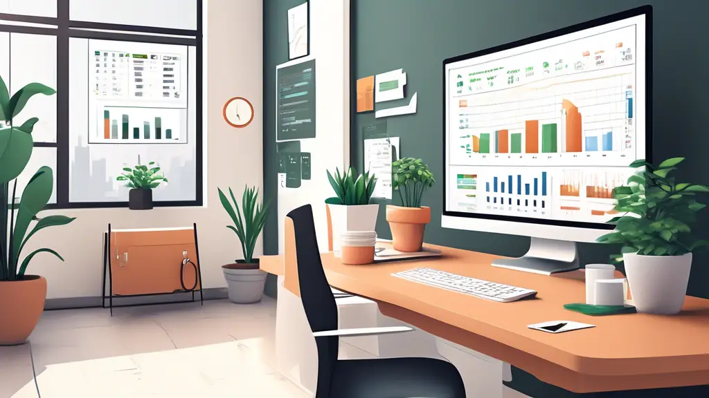 Create an illustration of a modern, sleek office workspace with a computer displaying financial software on the screen. The software interface should show