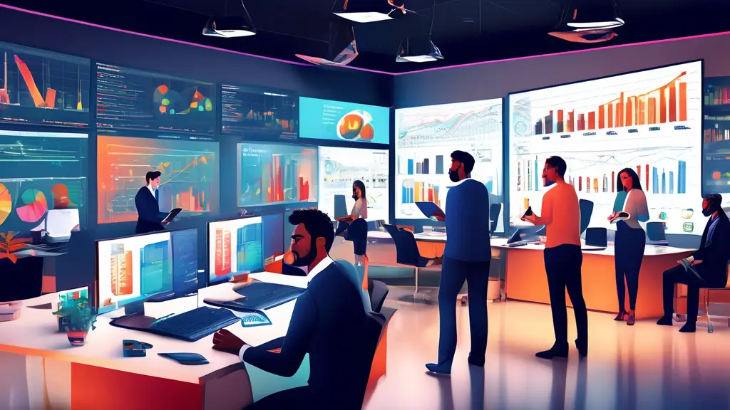 A diverse set of people in a modern office environment, each using different financial software on sleek laptops and tablets. The background features large
