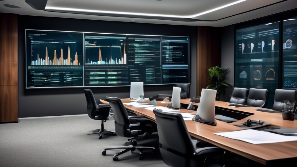 A sleek, modern office setting where professionals in business attire are engaged in a meeting around a conference table, reviewing documents and computer