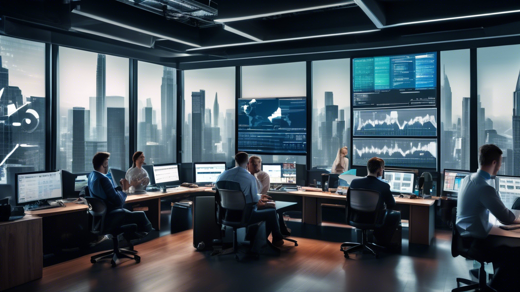An image of a professional office setting with a team of software developers collaborating at desks, in front of multiple monitors displaying various finan