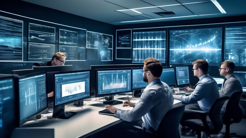 A team of IT professionals working in a modern office environment, meticulously transferring data from old financial software on one computer to new, advan