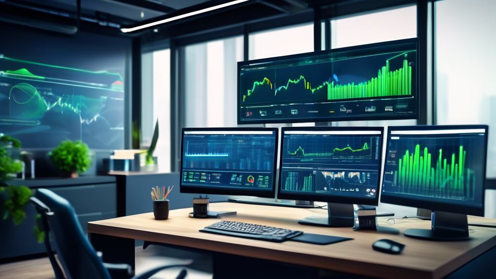 A sleek, modern computer setup displaying a user-friendly financial software interface with real-time charts and graphs, stocks ticking upwards, and user s