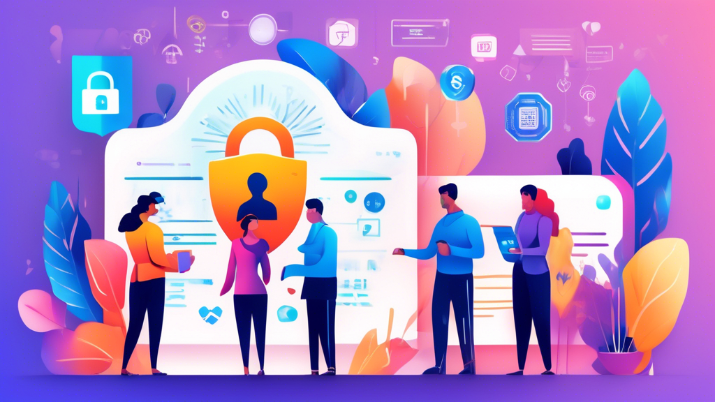 A professional illustration of a secure financial software interface, highlighting privacy features such as data encryption icons, a padlock symbol, and a
