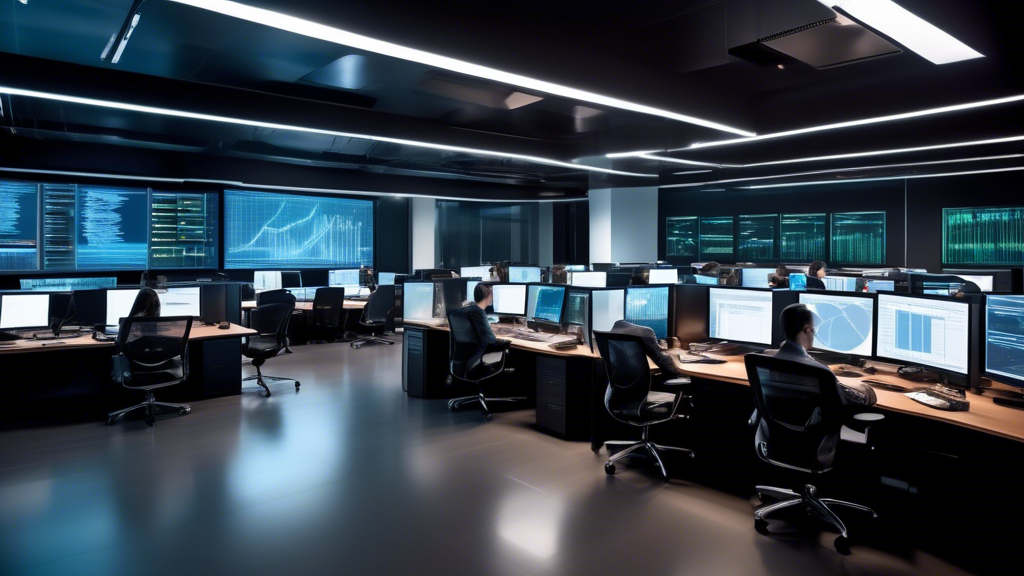 An ultra-modern corporate office with sleek desks and large monitors displaying financial software interfaces. Charts, graphs, and real-time data streams a