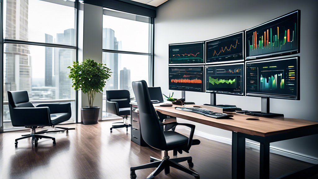 A modern office setting with multiple computer screens displaying financial dashboards, charts, and graphs. On one screen, there's a detailed financial rep
