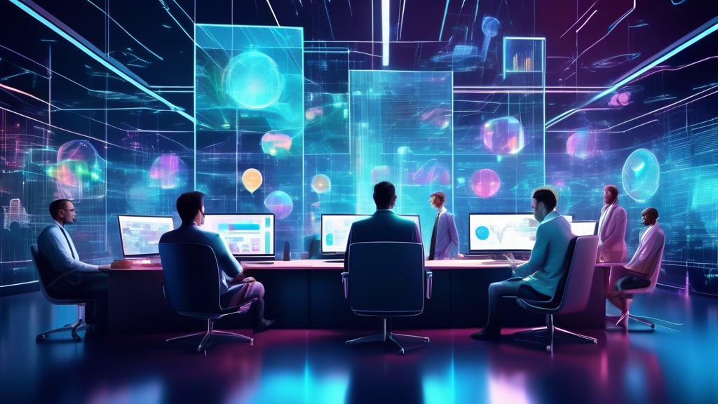 A futuristic office environment, filled with holographic screens and advanced computer systems, representing financial software seamlessly expanding in cap