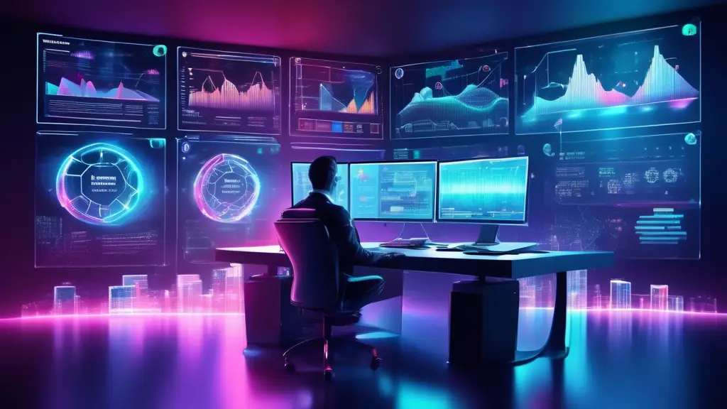 A futuristic office setting filled with digital screens showcasing various financial dashboards, graphs, and analytics; an individual using cutting-edge so
