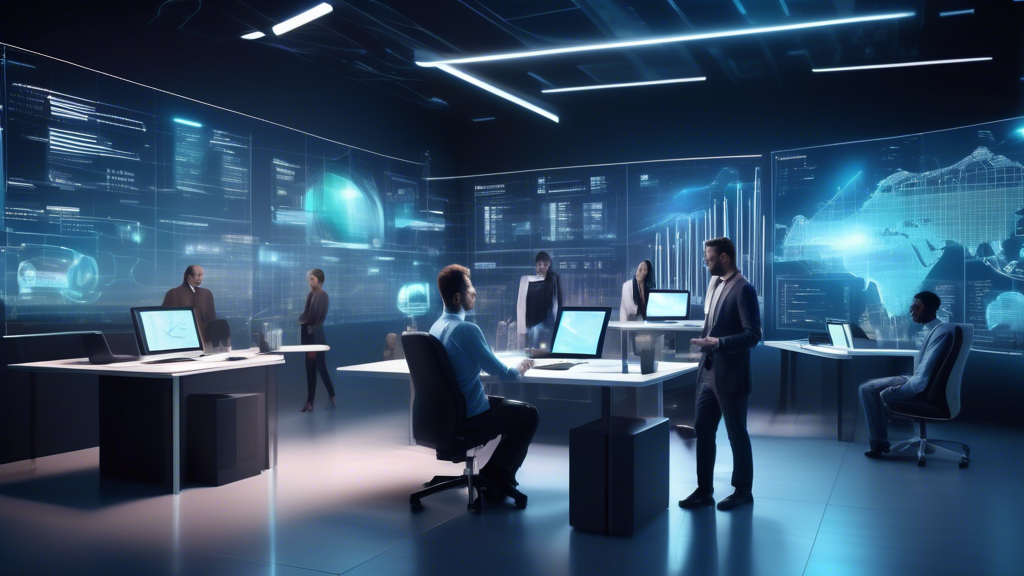 Create a futuristic scene of a small business office with advanced financial software tools in use. Show a sleek, modern workspace with business owners int