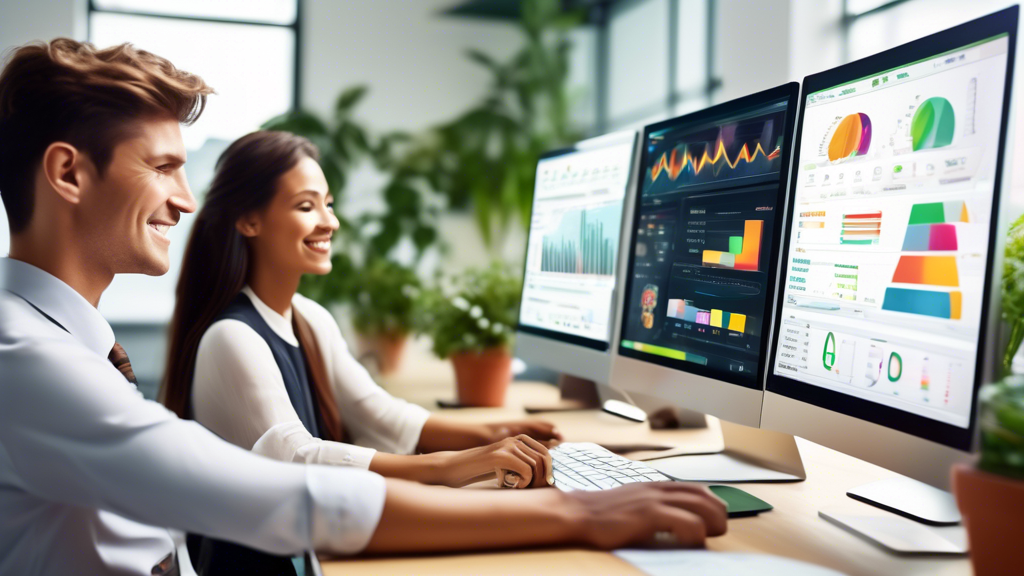 A sleek, modern computer screen interface displaying financial software with easy-to-navigate menus, colorful charts, and clear, intuitive icons. A diverse