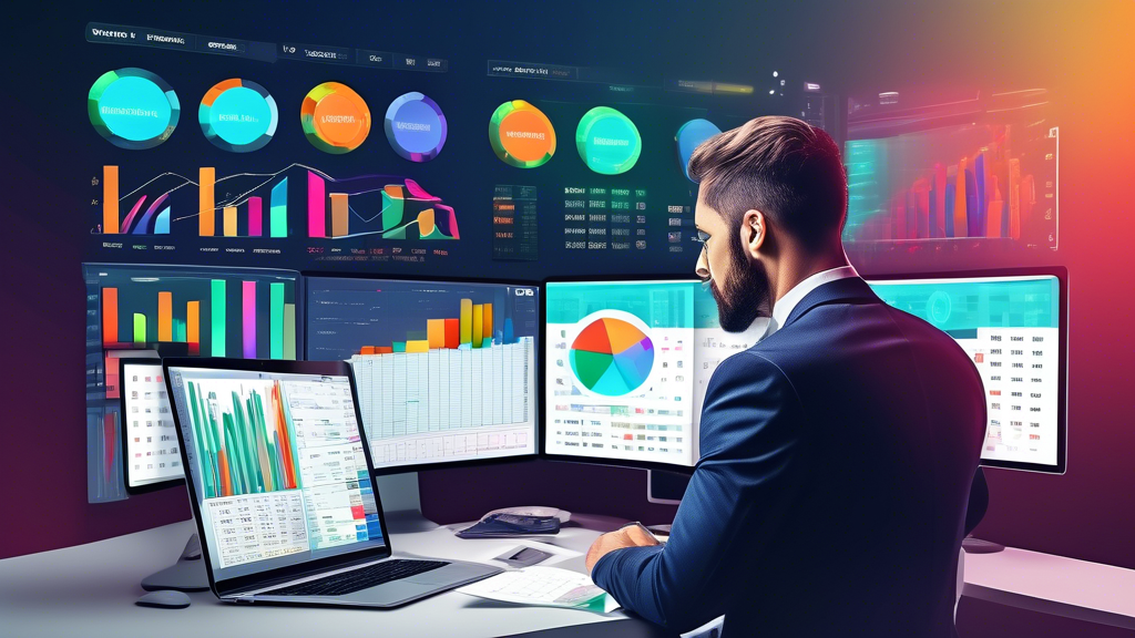 A split image showing a modern financial software interface on one side with sleek, colorful graphs, automated financial summaries, and widgets, while on t