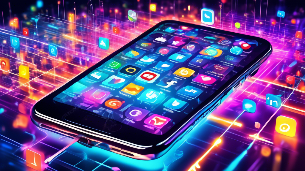 A vibrant digital illustration of a smartphone screen filled with various social media apps, each app surrounded by dynamic, colorful hashtags. The hashtag
