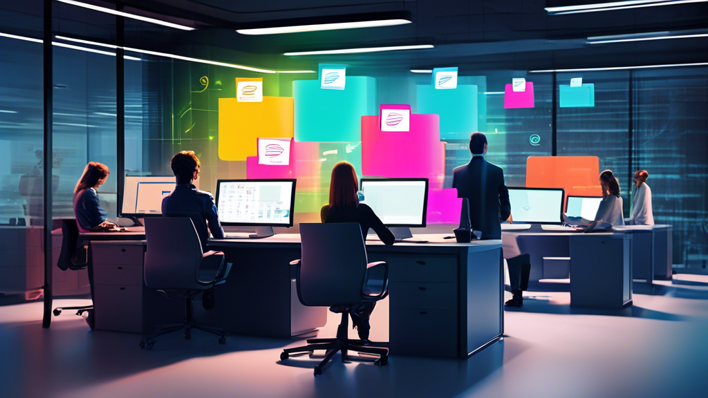 A modern office setting with employees working on computers, one screen showing an email interface with the 'BCC' field highlighted, illustrating the effec