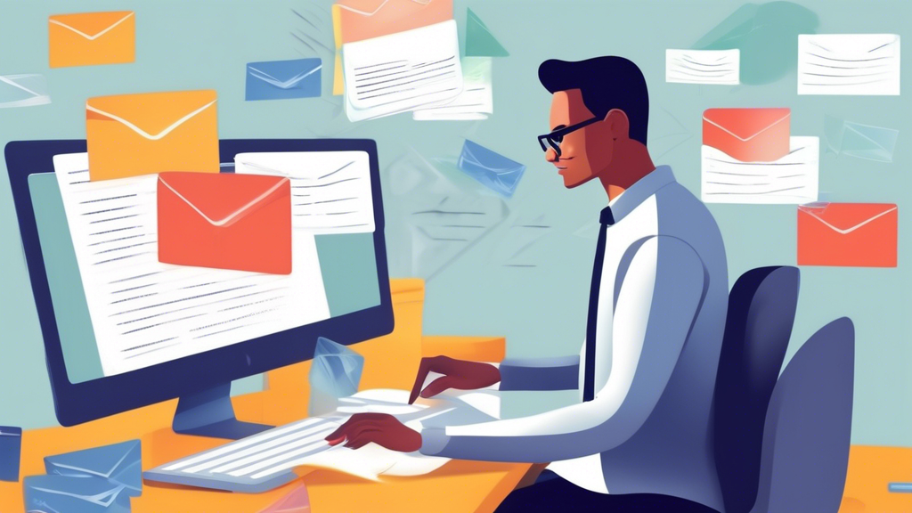 Create an image of a professional office setting where a person is sitting at their computer, composing an email. The screen shows an email application wit
