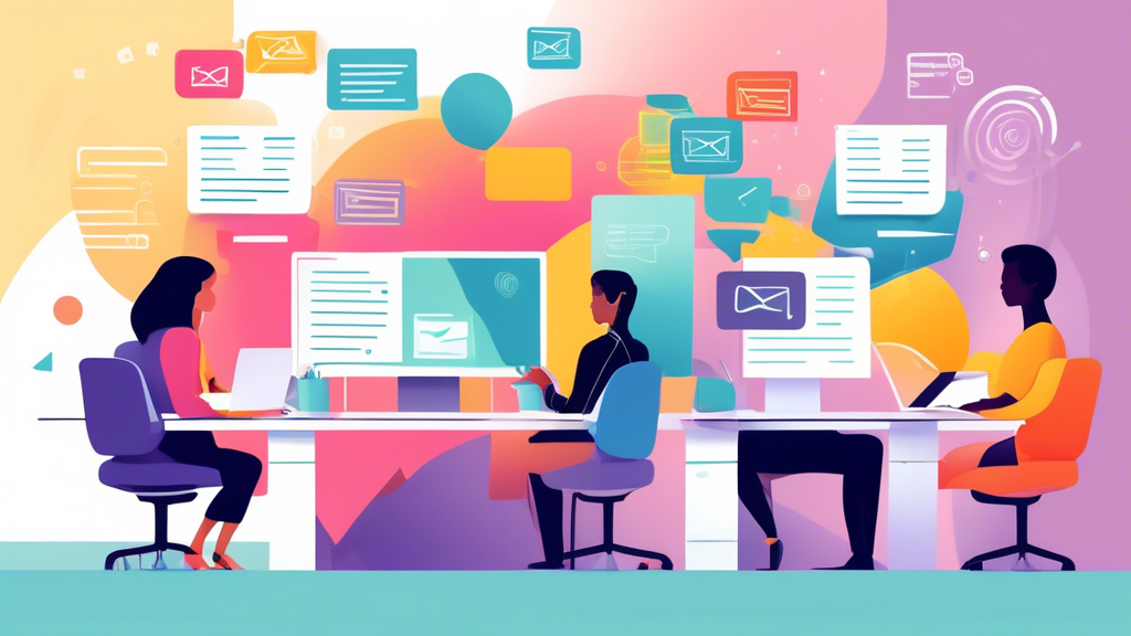Create an office setting where employees are at work at their desks with computers, and a visible email interface shows the use of BCC in an email being co