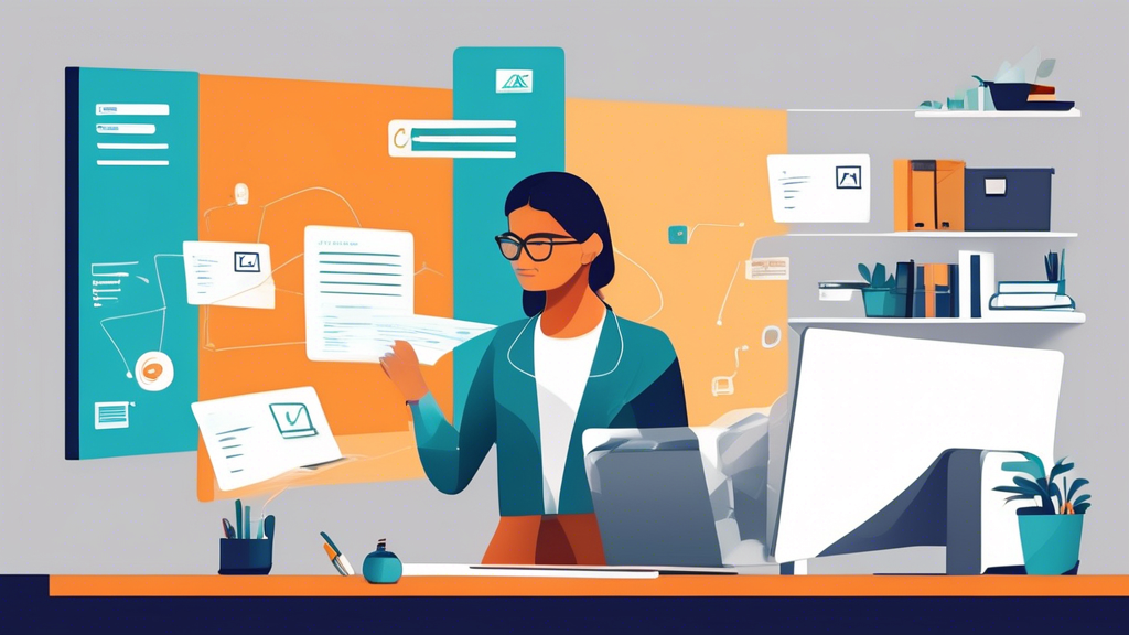 Office worker sitting at a desk, sending an email with 'BCC' highlighted on the screen, while another panel shows a 'distribution list' with multiple email