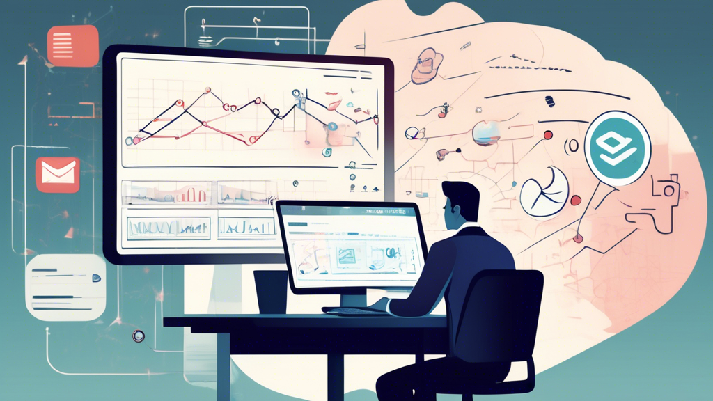 A business professional sits at a desk, looking at a laptop screen displaying an email interface. A thought bubble above their head shows confusion, with s