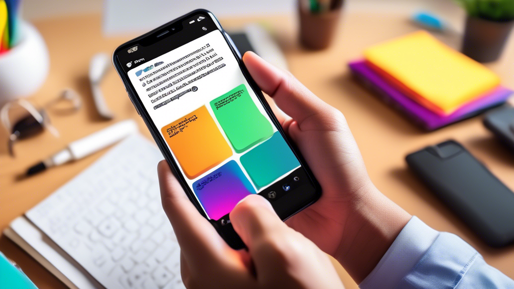 A person holding a smartphone with a text message on the screen, reading a clear and compelling call-to-action, against a backdrop of an office desk with a