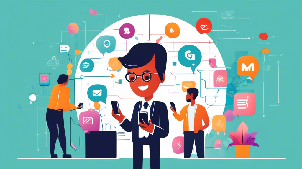 An illustration showcasing a business professional using a smartphone to send and receive SMS messages, with icons representing leads, engagement, and conv