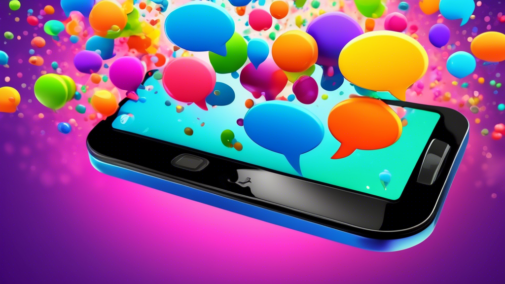 A modern mobile phone displaying a vibrant app interface, surrounded by colorful SMS notification bubbles. The background features a diverse group of engag