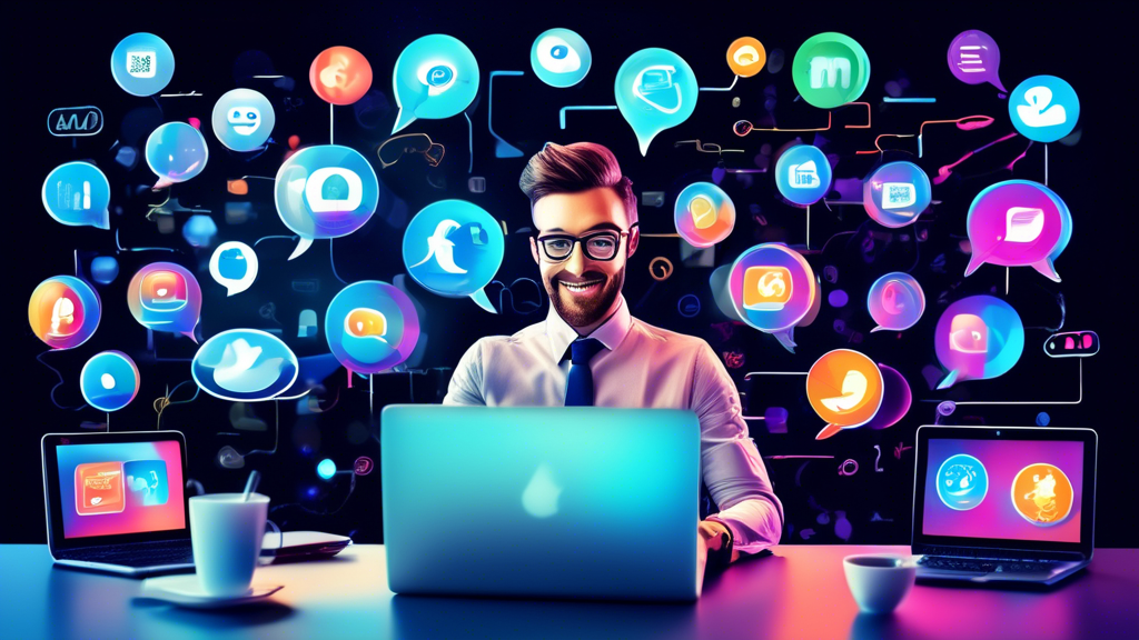 A digital marketer enthusiastically working on a laptop in a modern office, with social media icons and text message bubbles floating around the screen. Th