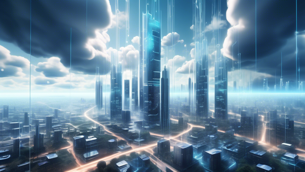 A futuristic cityscape with towering glass buildings, some enveloped in clouds and the others rooted firmly on the ground, representing the seamless integr