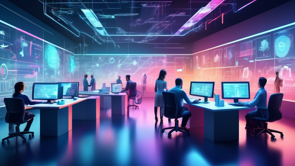 A futuristic office setting where advanced robotic arms and AI-powered computers are seamlessly managing and streamlining various business tasks; data flow