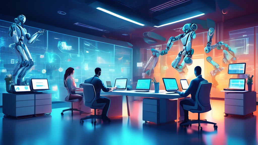 Create an image showing a futuristic office environment where robotic arms and AI interfaces are efficiently managing tasks like data entry, scheduling, an