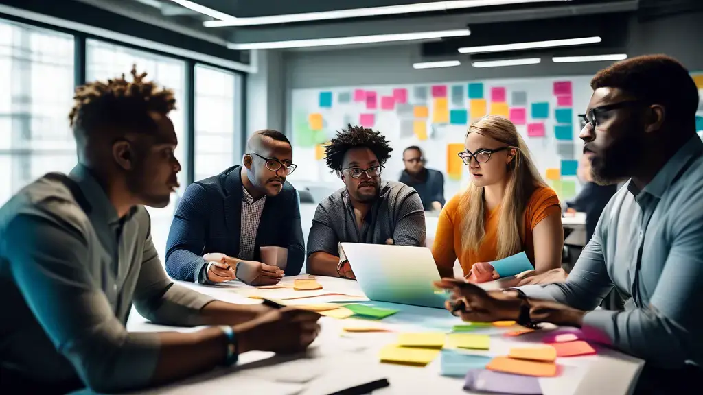 A diverse group of IT professionals gathered around a large table in a brightly lit, modern office space. They are engaged in a collaborative brainstorming