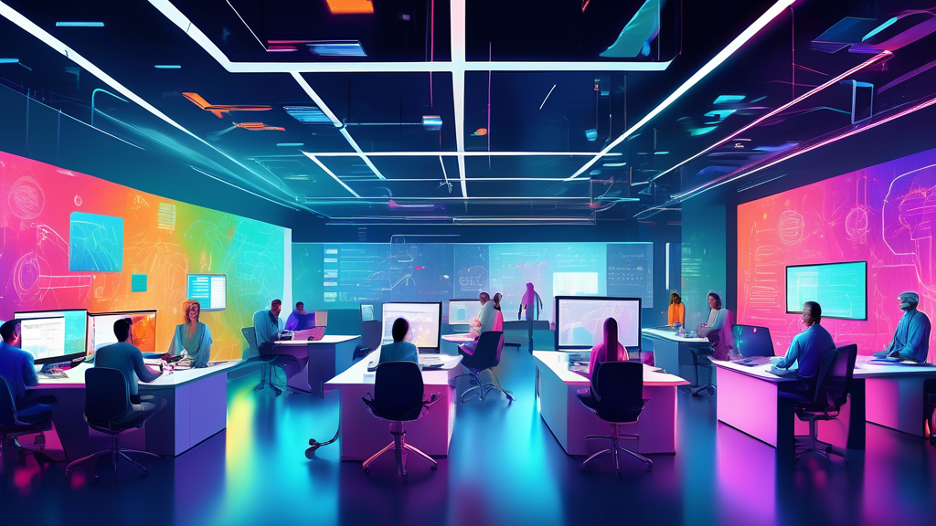 A vibrant office space with diverse IT professionals collaborating at a large table, surrounded by computers, monitors displaying coding and data analytics