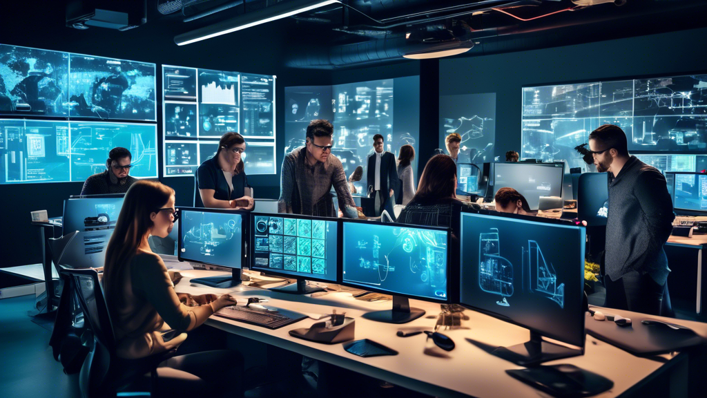 A vibrant office scene where a diverse team of IT professionals are collaborating and interacting with various high-tech gadgets and computer screens, cust