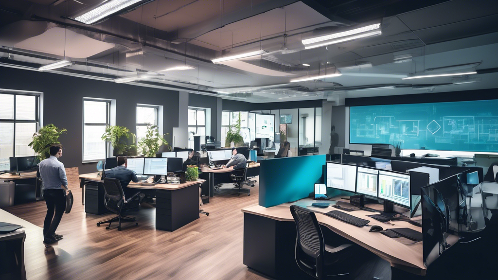 A modern office environment featuring IT professionals actively collaborating with clients to create bespoke software and hardware solutions. The room cont