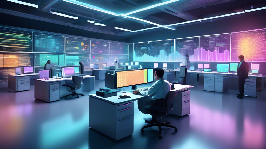 A modern office setting where employees are working on computers surrounded by organized, color-coded filing cabinets. Digital data streams and charts are