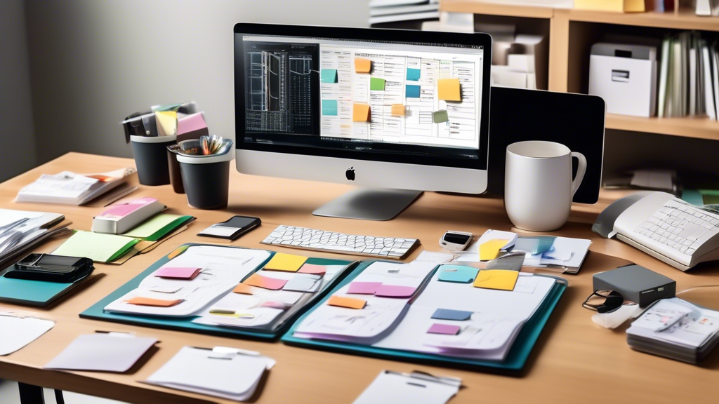 A modern office scene with a top-down view of a desk cluttered with various items such as papers, sticky notes, and coffee cups, contrasting with an adjace