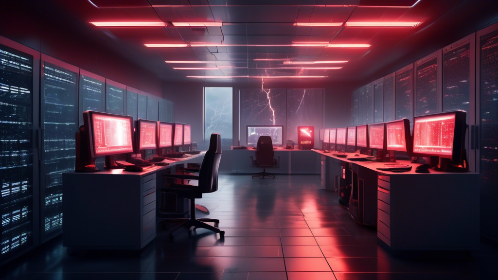 A futuristic office server room filled with high-tech equipment, all illuminated by a reddish emergency lighting. Technicians in protective gear are urgent
