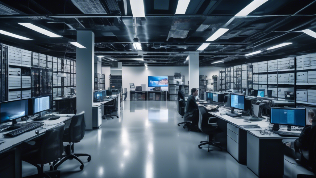 A modern office filled with high-tech equipment and servers, with one side of the room showing severe damage from a natural disaster like a flood or fire.