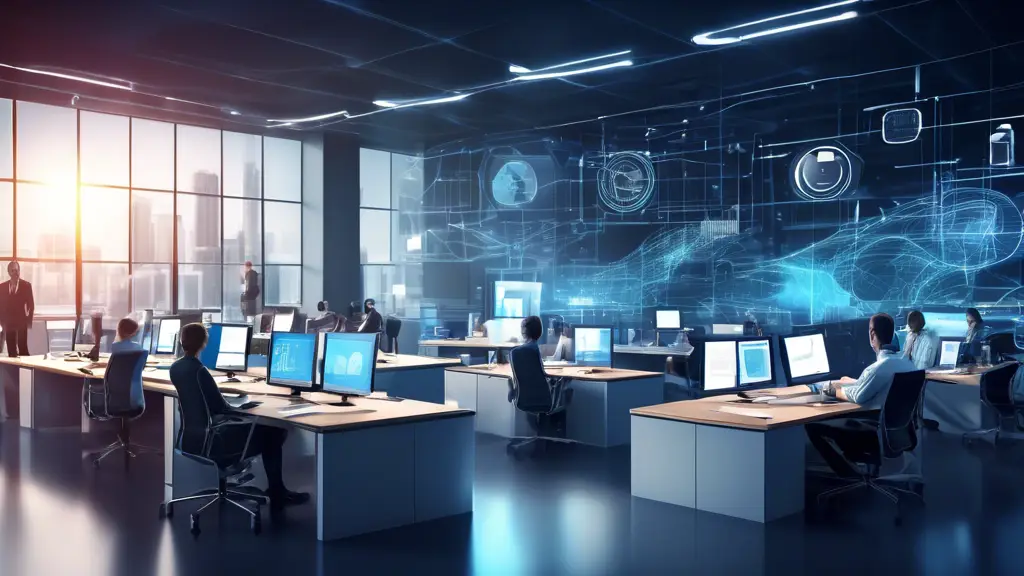 Create an image of a sleek, modern office space filled with technological devices such as computers, servers, and smart boards. Focus on a diverse team of