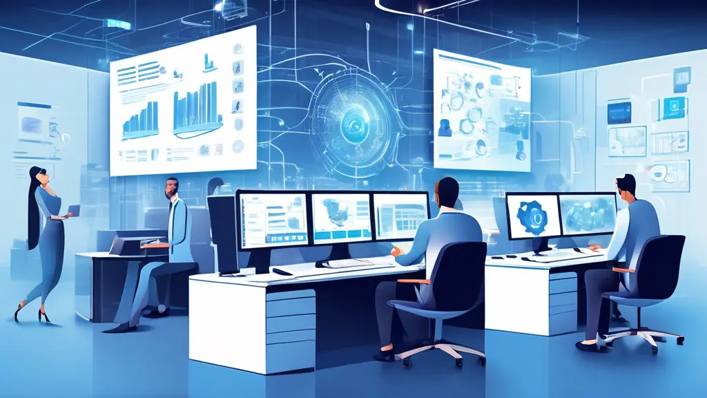 Create an image depicting a modern office environment where a diverse group of IT professionals are optimizing workflows on their computers and tablets. Di