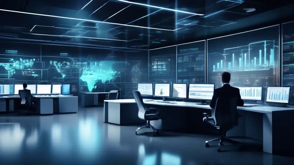 A corporate office setting with diverse IT equipment such as servers, laptops, and networking devices, with a central figure managing a digital dashboard d