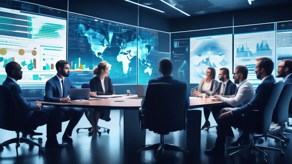 A corporate boardroom with a diverse group of executives and IT professionals discussing strategies, while a large screen displays complex charts, diagrams