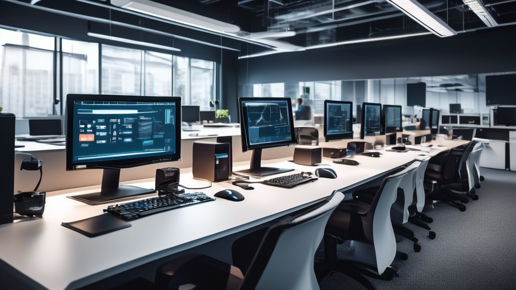 A modern office environment with a variety of IT hardware on display, including desktops, laptops, servers, routers, and peripherals like keyboards and mic