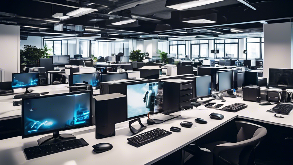A modern office environment with diverse IT hardware equipment spread across the room. This includes sleek computers with high-resolution monitors, ergonom