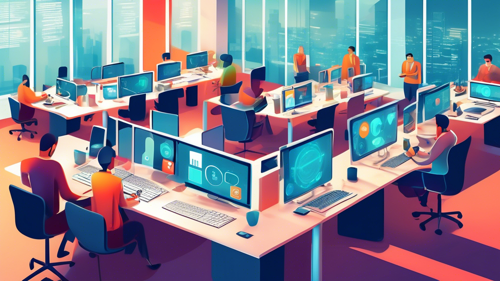 A modern workplace with interconnected digital devices, including computers, tablets, and smartphones, all synchronized and displaying various software app