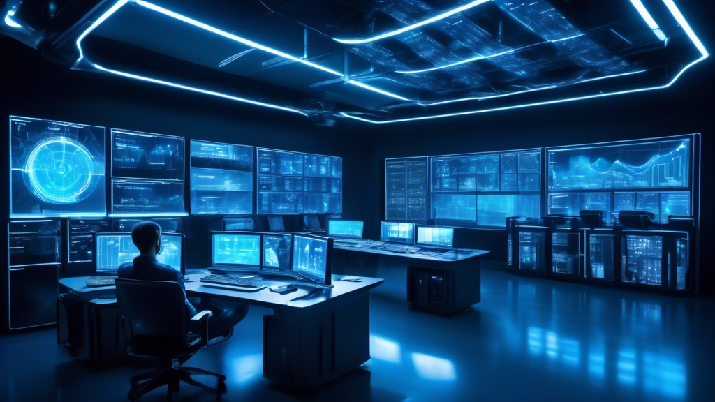 A futuristic control room filled with multiple large screens displaying real-time data analytics, graphs, and system health indicators. Engineers and IT pr