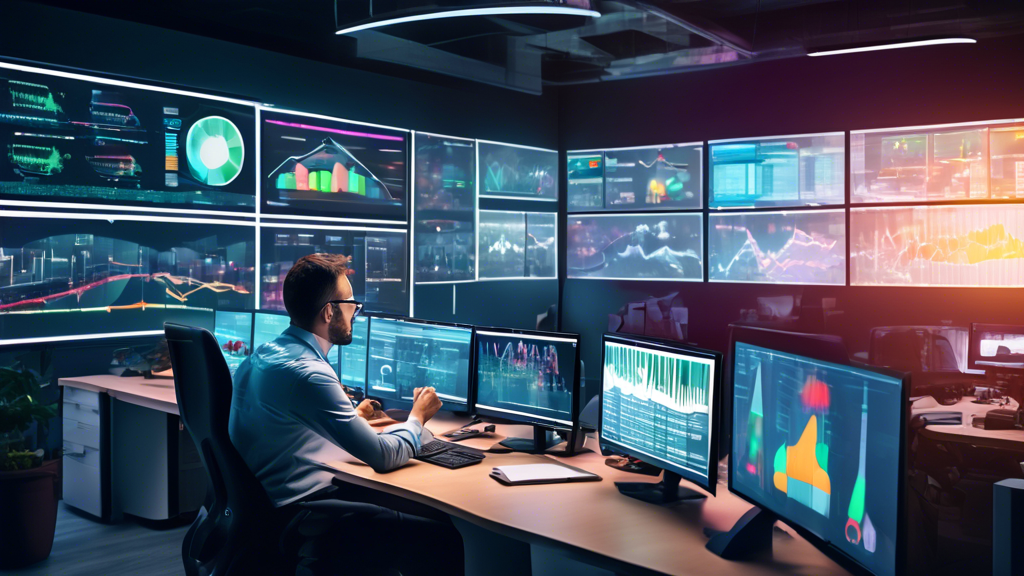 A modern office environment with a large digital wall display showing various colorful monitoring graphs and dashboards. An IT professional is seated at a