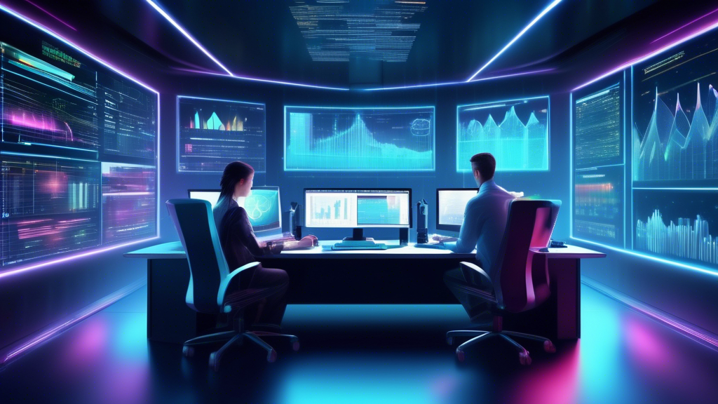 A futuristic office environment with servers, computers, and network equipment. IT professionals are actively monitoring and optimizing performance metrics