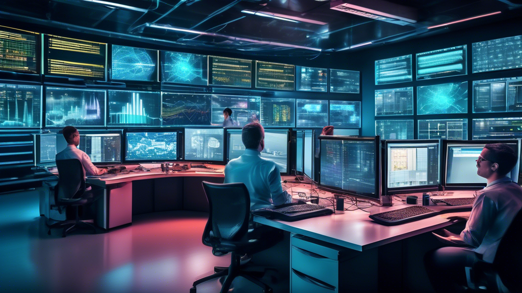 A busy high-tech control room with multiple computer screens displaying various performance metrics, graphs, and data analytics. Technicians and IT special