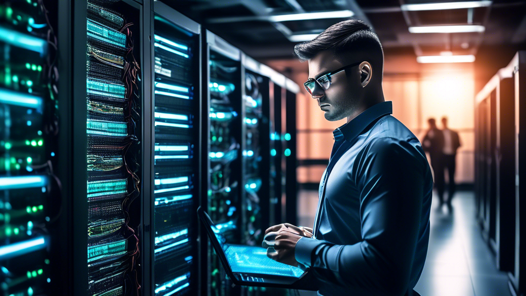 A modern, high-tech server room filled with sleek, glowing servers, cooling systems, and cables perfectly organized. In the foreground, a confident IT prof